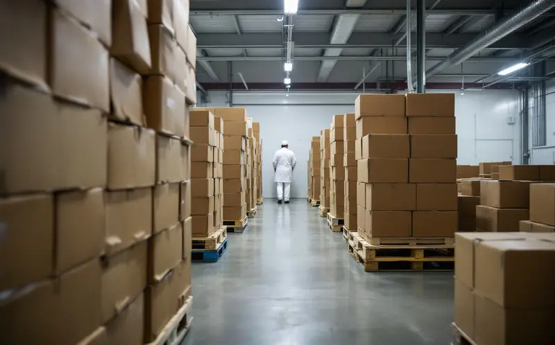 Pallets of plain cardboard beef boxes in a plant cooler with a worker in the background