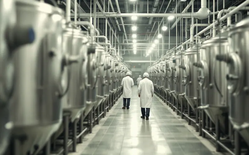 Stainless steel tanks and pipework inside a dairy processing plant with two workers in the distance