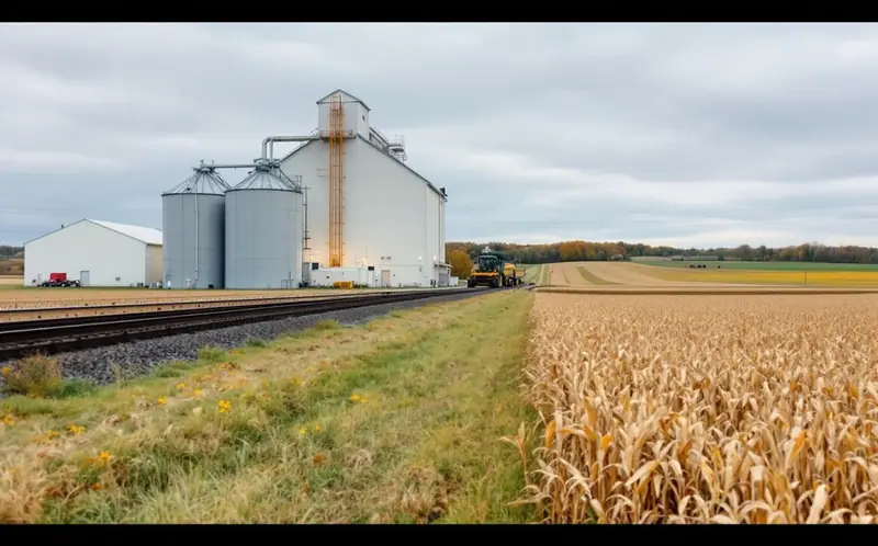 Ethanol plant with grain bins and rail cars beside corn stubble