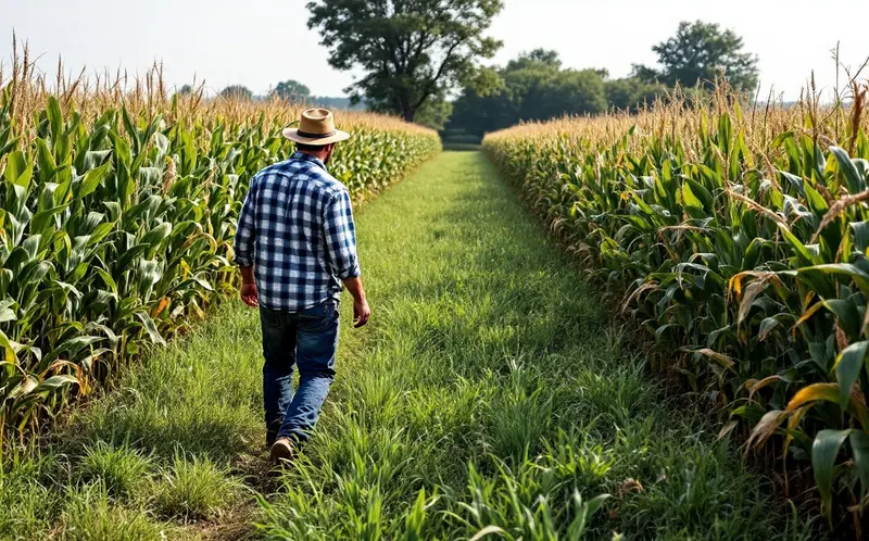 Farmer walking along a grassed waterway between corn fields in early summer