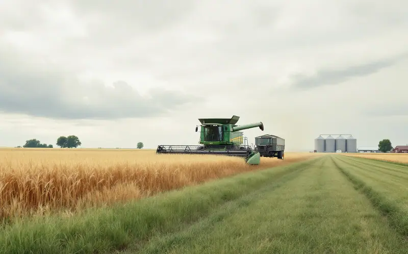 A combine and grain cart harvesting a wide prairie wheat field with grain bins in the distance