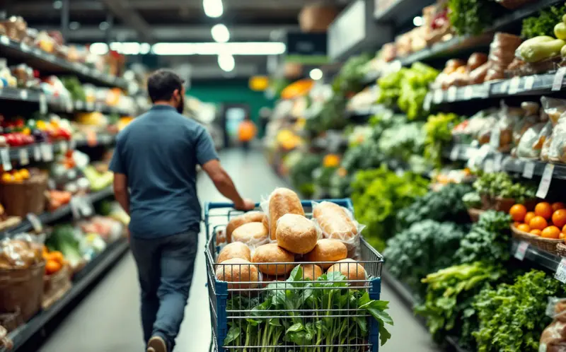 Shopper seen from behind pushing a cart along a grocery produce aisle