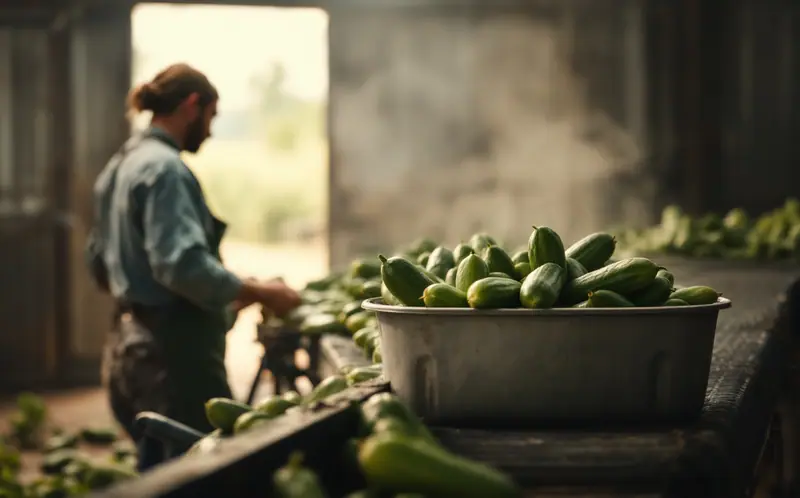 Worker sorting cucumbers on a packing line next to a bin of rejected produce
