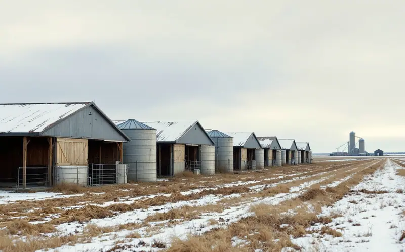 Hog barns and feed bins on flat Prairie farmland with an elevator on the horizon