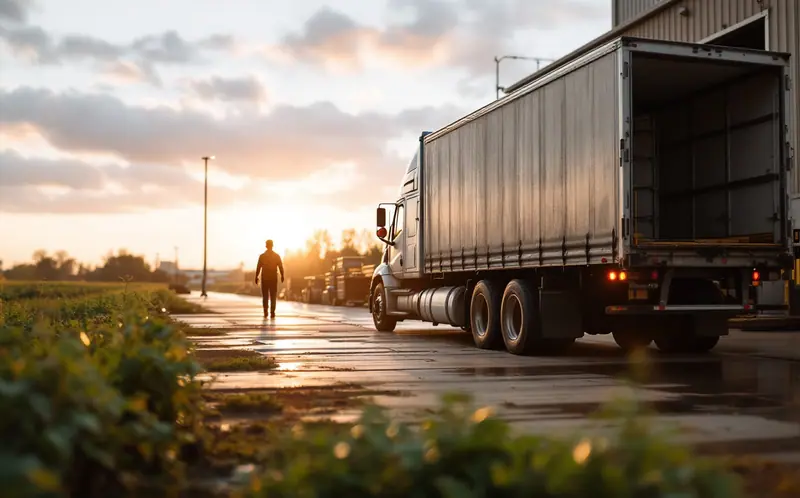 Refrigerated truck at the loading dock of a food plant at dawn