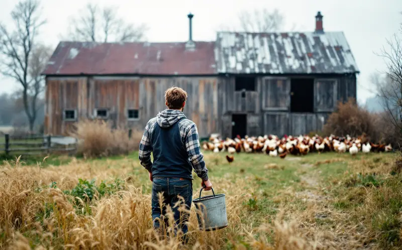 A young farmer walking across a pasture toward free-range chickens and an old wooden barn