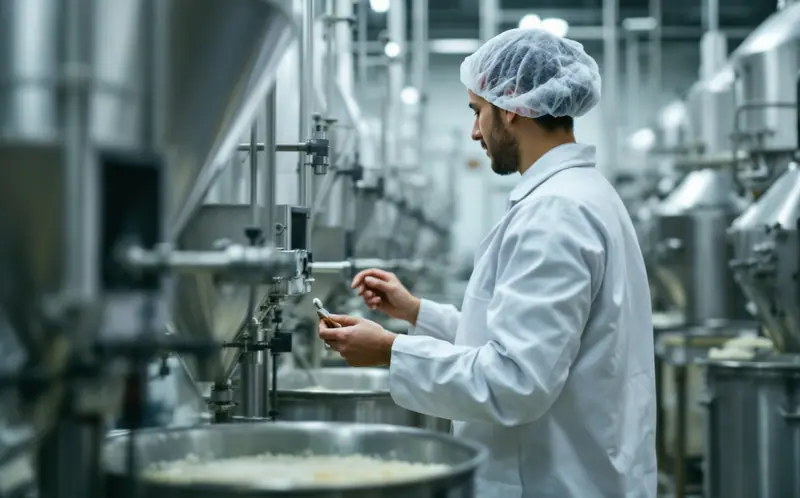 Worker in white coat checking stainless steel equipment in a dairy plant