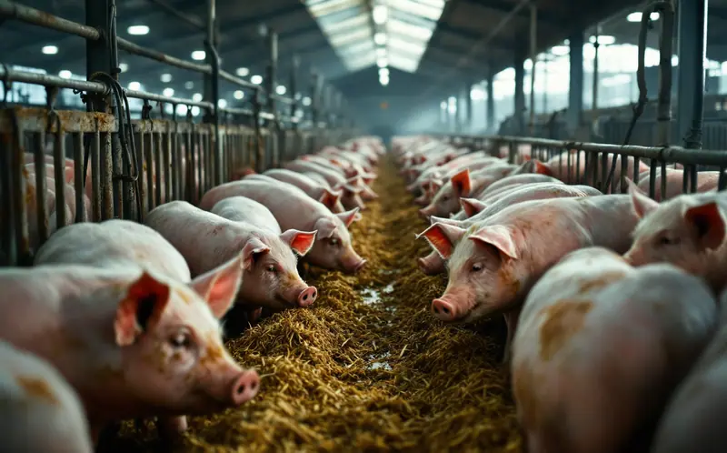 Finishing pigs in a modern barn with overhead feed lines