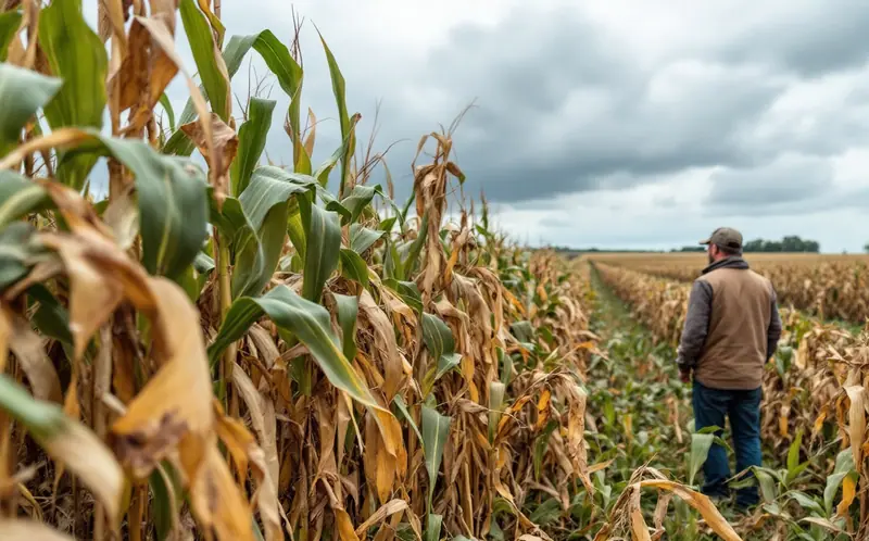 A farmer standing at the edge of a corn field with stalks and leaves damaged by hail