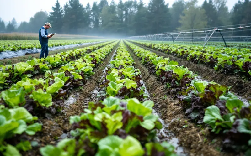 Worker checking rows of lettuce in a field with irrigation pipes along the edge